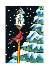 Cardinal on Lamp Post - Linocut