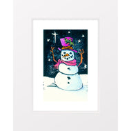 Snowman with Fuchsia Hat & Scarf - Linocut