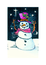 Snowman with Fuchsia Hat & Scarf - Linocut